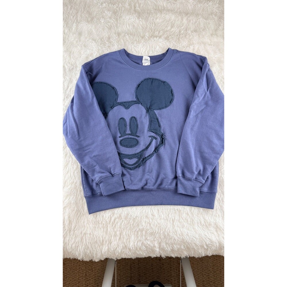 Disney Mickey Mouse Sweatshirt Adult L Blue Raw Edge Applique Embroidered